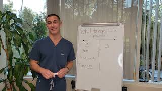 Man in scrubs stands next to a whiteboard with notes. Plants and windows are in the background